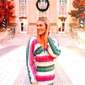 GREY LAB Dress Large Striped Sequin Plunging Neck & Back Line Fitted Mini Skirt